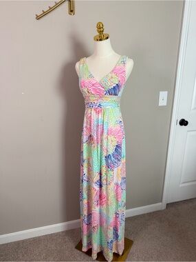 Lilly Pulitzer Sloane Maxi Dress Multi Patchwork Print Sleeveless V-Neck Sz S